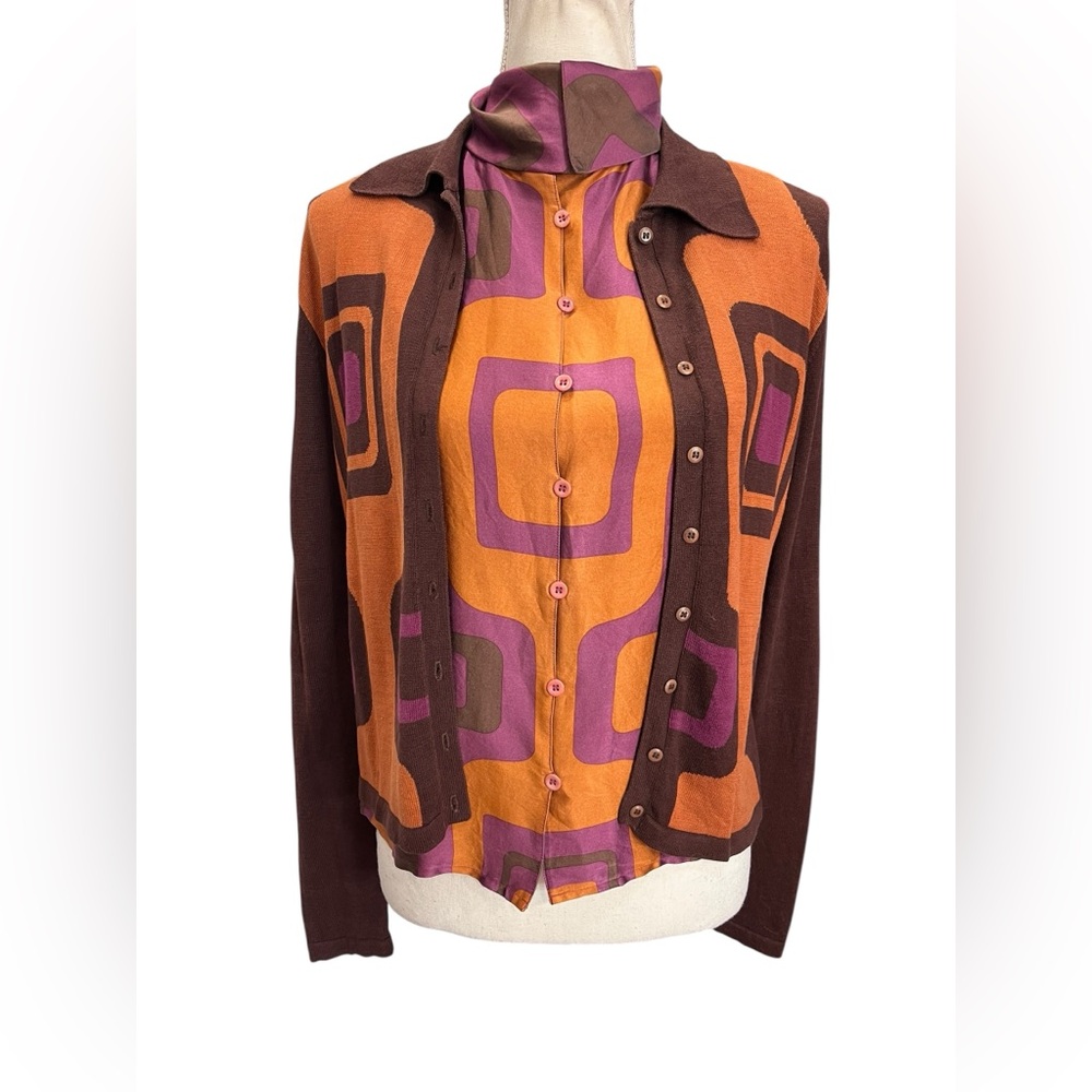 D. Terrell Silk Blend Twinset Cardigan Set Small Retro Mod 70s Geometric Top - Picture 8 of 16